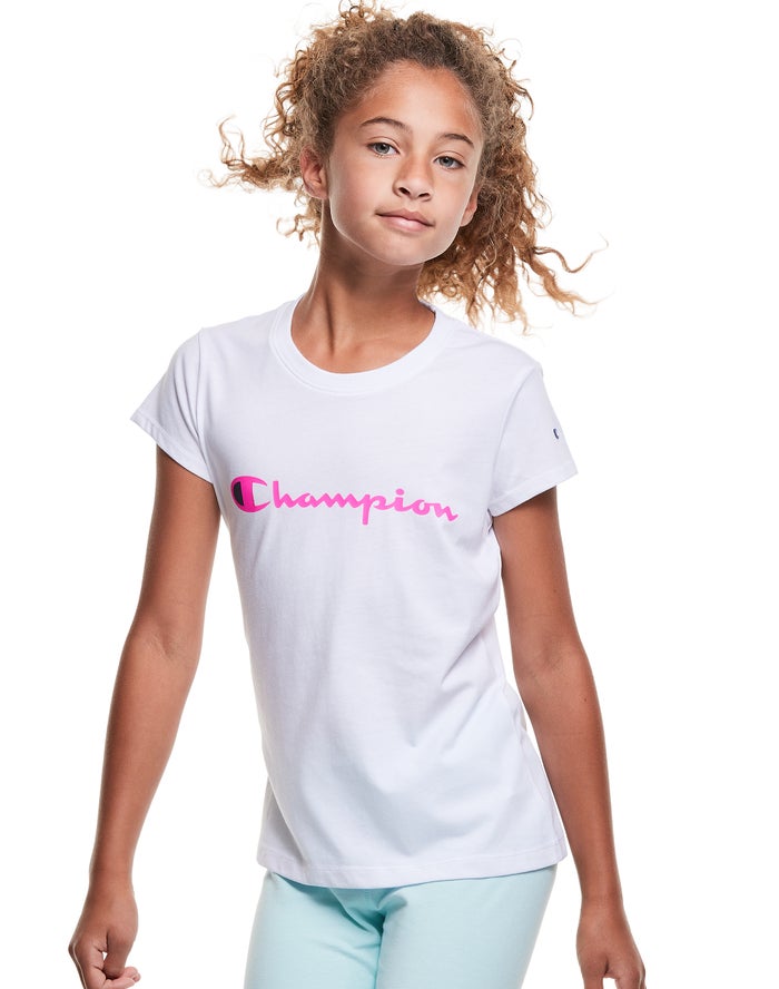 Champion Pige T-Shirts Hvide - Classic Script Logo - Danmark EWM-567318